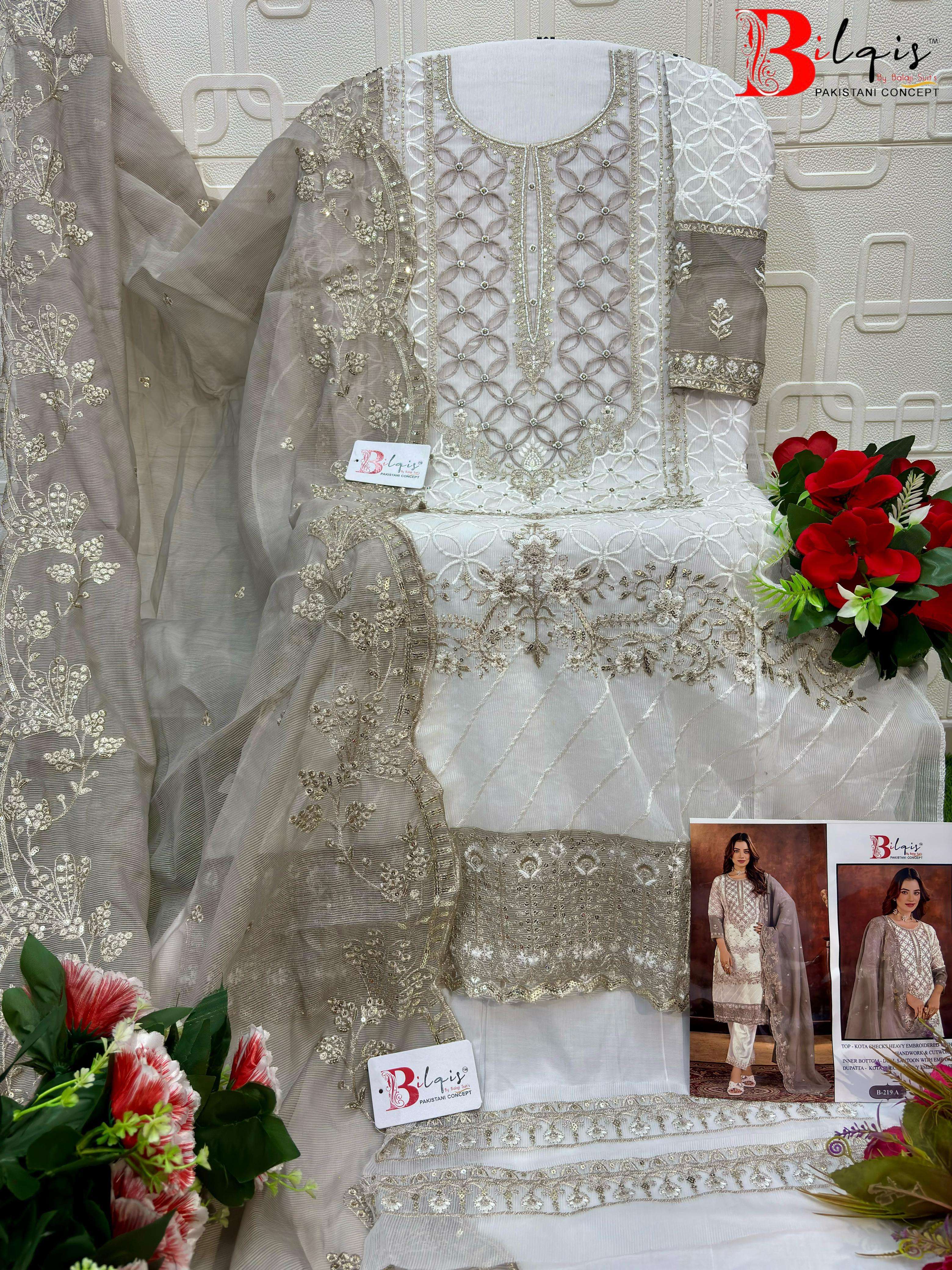 BILQIS B 219 KOTA CHECKS HEAVY WORK PAKISTANI TYPE SUIT MATERIAL SET FESTIVAL EXPORT